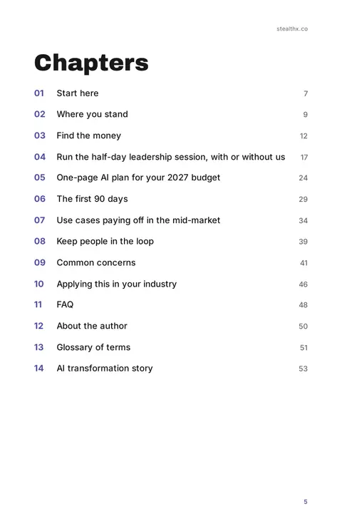 Playbook page 5: the table of contents listing chapters 01 to 14 with page numbers.