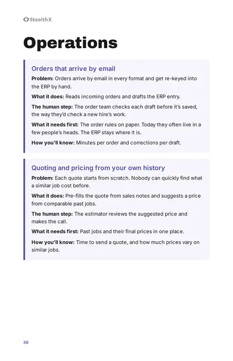 Playbook page 36: two operations use cases, orders that arrive by email and quoting and pricing from your own history.
