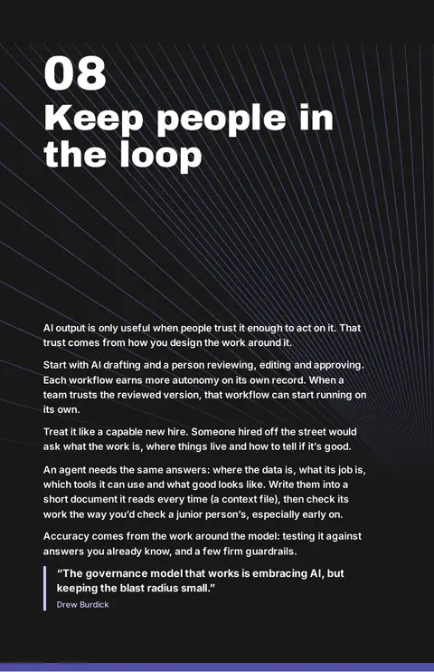 Playbook page 39: chapter 08 opener, Keep people in the loop, on designing work so people trust AI output.
