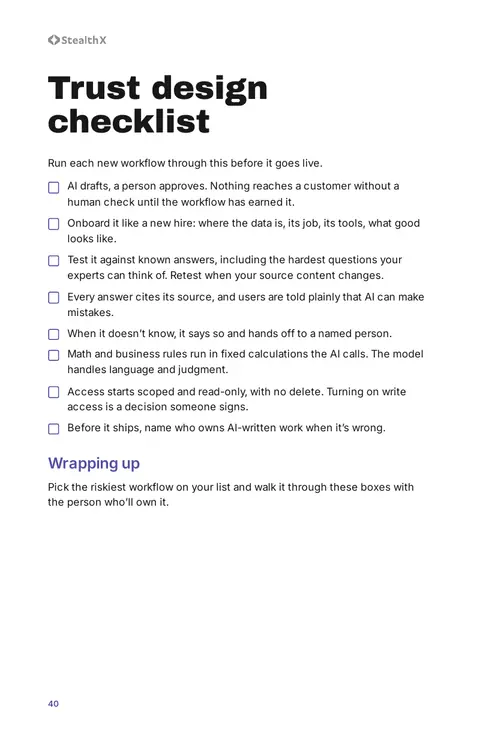Playbook page 40: the eight-item trust design checklist to run before a workflow goes live.